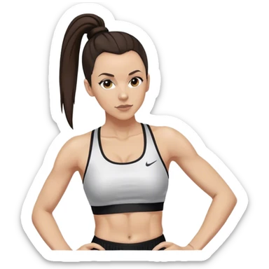 Melanie chisholm with a dark brown high ponytail wearing a sports bra and a track pants sticker