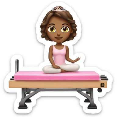 Latina girl with brown hair doing Pilates on reformer with pink tiara and ballet wrap sticker