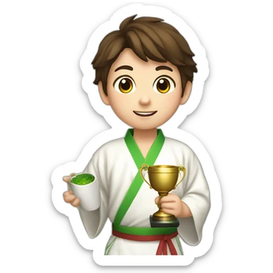 a 12-year-old boy with brown hair with a prize cup high in his hand in a white kimono with a green belt sticker