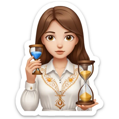 A Ukrainian girl with brown hair wearing a white embroidered shirt holds an hourglass in her hands sticker