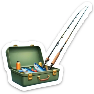 Icon for Fishing Travel: a fishing rod, tackle box and a boat on a calm lake surrounded by mountains and lush greenery, with fish jumping out of the water. The icon should capture the peaceful and adventurous nature of fishing trips. Transparent background. sticker