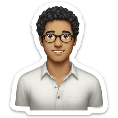 A beautiful Moroccan young man with curly, black hair and white skin, wearing round glasses and a shirt sticker