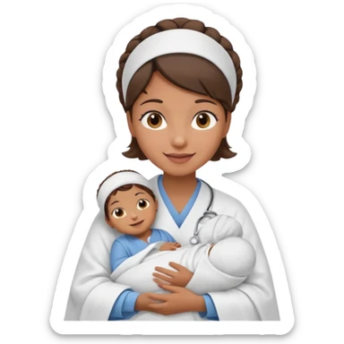 Female nurse smiling with a small hair roll on top of head with medium brown skin and brown eyes holding one new born  sticker