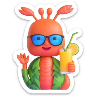 shrimp on vacation wearing sunglasses and a hawaiian shirt, holding a tropical drink, relaxing on a beach, memoji style sticker