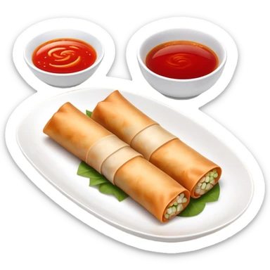 Spring Rolls Cinematic Realistic Spring Rolls Dish Emoji, depicted as 2 perfectly crisp spring rolls served with dipping sauce, rendered with lifelike textures and dynamic, appetizing lighting. sticker