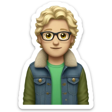 blonde shoulder-length haired boy with green eyes , glasses , blue jean jacket with fur lining sticker