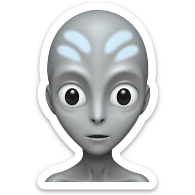 Portrait of a grey alien with large black eyes, thin face, elongated head, smooth grey skin, minimalist design sticker