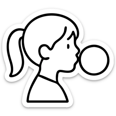 girl blowing a big bubble with bubblegum sticker