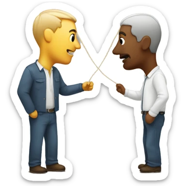 a man leads another man by a string, but the string is tied to his nose sticker