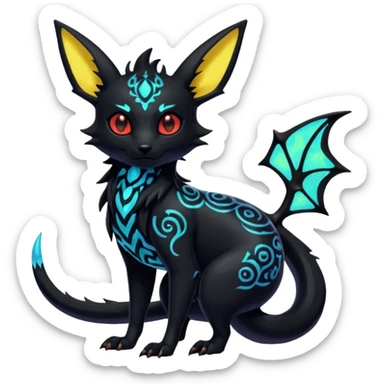 Shiny Fiery Dark Ugly Evil Glowing Eldritch Horror Cool Edgy Badass Emo Glorious Demonic Batty Punky Aural Iridescent Fluorescent Bioluminescent Umbreon-Amaura-Salandit-Litten-Flareon-Fakémon-fusion (full body) with intricate pattern markings sticker