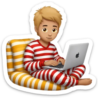 man in striped pajamas and fuzzy slippers typing on a laptop, emoji style sticker