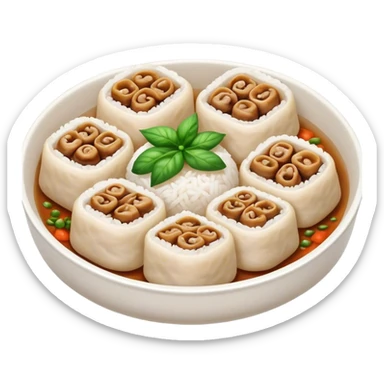Cinematic Realistic B√°nh cu·ªën Dish Emoji, featuring steamed rice rolls filled with savory minced pork and mushrooms rendered with soft textures and inviting, warm lighting. sticker