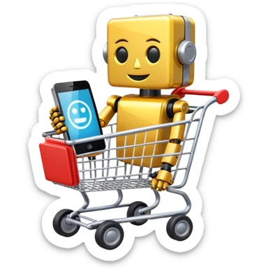 shopping cart containing a robot toy, e-reader, and portable charger emoji sticker