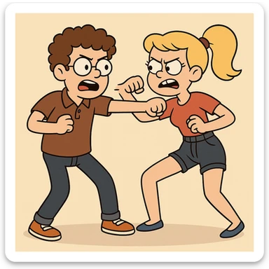 Fighting a boy brown Curly hair circle glasses Royal Pro polo brown jeans orange shoes and a girl Yellow ponytail hair red shirt high waisted dark blue denim shorts blue shoes sticker