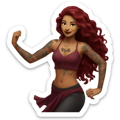 Beautiful tattooed burgundy long haired woman dancing sticker