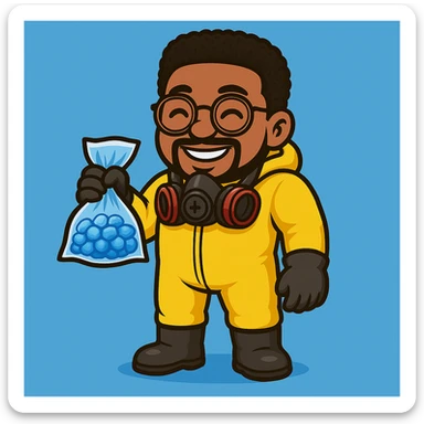 Replace the character's head with the head from the second image: smiling face, more voluminous hair, round glasses. Keep the body with the yellow jumpsuit, blue stone bag in hand, and gas mask hanging on the neck. Style: detailed cartoon. Background: light blue. sticker