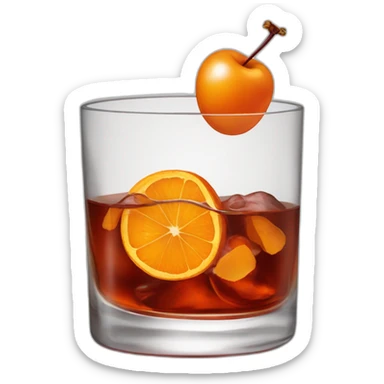 a bourbon, old fashioned in a rocks glass with a cherry in it and a twisted orange peel sticker