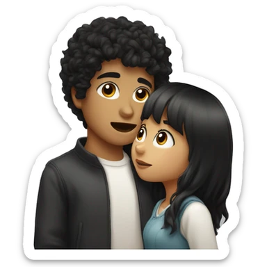 a girl with black hair and bangs with white skin and gray eyes is kissing a slightly swarthy boy and dark curly hair sticker