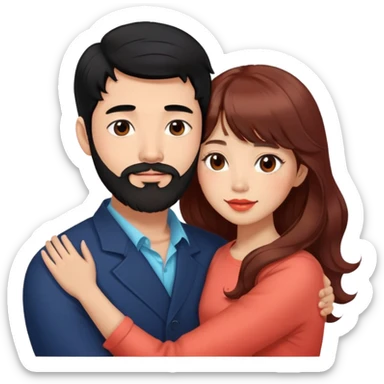 handsome tall asian man with black hair and beard, hugging cute woman with tan skin and long wavy reddish brown hair with bangs and coral lipstick sticker