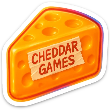 Remove the shadow on the ground. Place the tape with 'Cheddar Games' in the center of the cheese wedge. Make the cheese hyper-realistic, a little softer and more translucent, with a glowing effect. Keep the tape fatter, messy, and less perfect. Preserve the retro semi-transparent plastic style. No background and no sticker effect. sticker