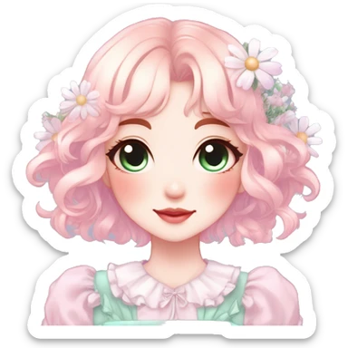 Gorgeous pastel anime style lady with blushing face and daisies cottagecore fairycore pastelcore shiny colorful pearly aesthetic trending style sticker