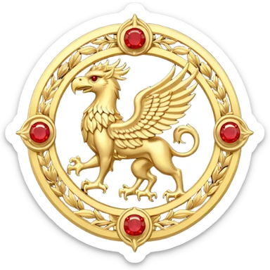 Golden griffin crest / brosch in a circle with red gems and no background sticker
