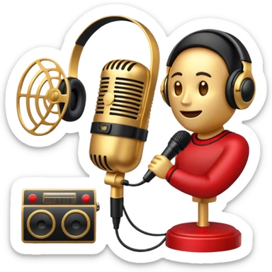 Create a dynamic and cinematic emoji that represents voice-over and dubbing in films. The design should feature a microphone, sound waves, and a film reel or movie clapperboard, symbolizing the connection between voice acting and film production. Add elements like headphones or a voice actor's silhouette to emphasize the human element of dubbing. Use vibrant, cinematic colors like gold, black, and red to create a sense of drama and creativity. The background should be transparent. sticker