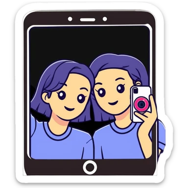Two best friends taking a selfie together with Instagram frame, holding a phone, Instagram worthy sticker
