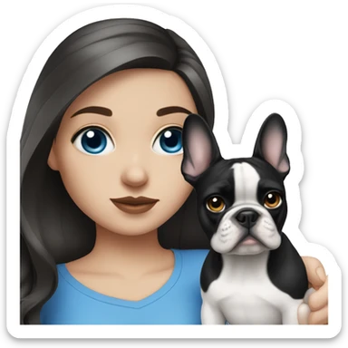 Brunette girl with blue eyes and a black-white french bulldog sticker