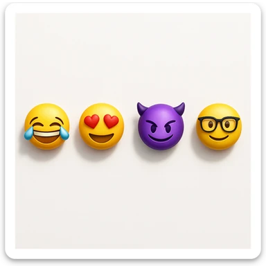 make four emojis on white background with good amount of shadow, four emojis of smiley's only. one laughing, second heart eyes, third purple devil and four black glasses emojis  sticker