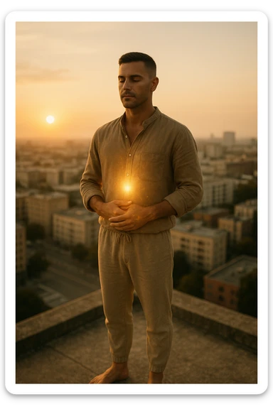 A cinematic portrait of a calm and composed man in his mid-30s, with light stubble and a defined jawline, standing alone on a rooftop at sunrise overlooking a quiet modern city. He’s wearing minimalist, earth-toned clothing — a linen shirt loosely buttoned, neutral joggers, barefoot. His hands rest gently over his abdomen in a meditative posture, eyes half-closed, reflecting clarity and focus. The early morning light bathes his face and body in soft gold, symbolizing renewal and healing. Around him, the city is still asleep, with only faint traces of life below. The air feels clean and silent. Subtle glow effects radiate gently from his chest and abdomen, suggesting internal regeneration. 35mm film style, shallow depth of field, realistic human textures and cinematic color grading with warm and natural tones. sticker