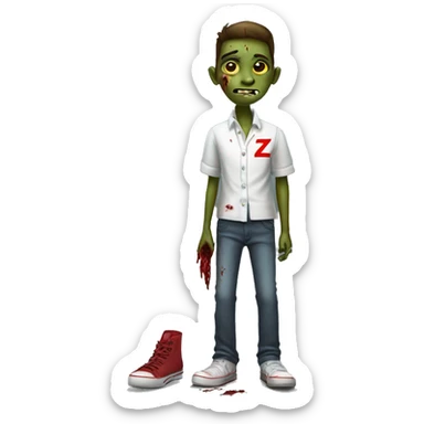 A Zombie With One Shoe On And One Shoe Off Named Zobie With A White School Shirt With Red Accents And With The Letter Z On It And Long Pants. | Photo 1 sticker