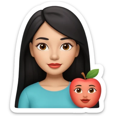 realistic Apple-style Memoji of a young Latina woman, medium warm skin tone, long straight black hair parted in the middle, defined eyebrows, almond-shaped dark brown eyes, full lips with coral lipstick, gentle smile, 3D look sticker