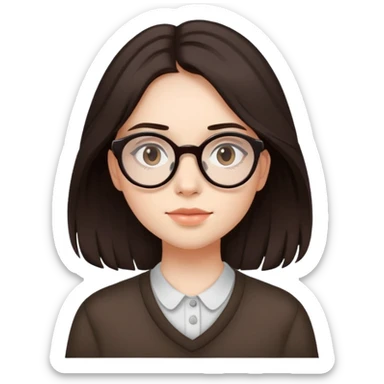 a teen girl with long layered dark brown hair with oval glasses, with an aura of aesthetic and minimalistic sticker