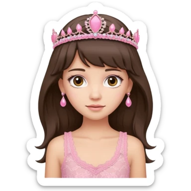 long haired brunette with curtain bangs cute pink lacy tank with a pink tiara on head, white but with a little bit of tan sticker