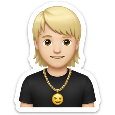 make a iphone emoji who is a white man that looks young with long blonde hair with bangs, with a black punk shirt and a golden neckless sticker