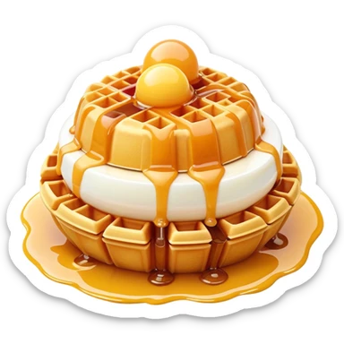 3D rendered hyper-realistic Hong Kong egg waffle with condensed milk drizzle, glossy golden bubbles, vibrant colors, candy-like texture, detailed bubble surfaces, fun presentation, soft lighting sticker