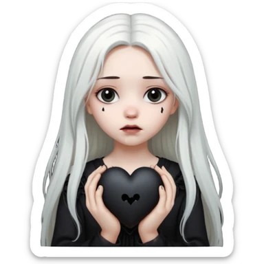 A girl with long white hair is sad and holds a black heart in her hands sticker