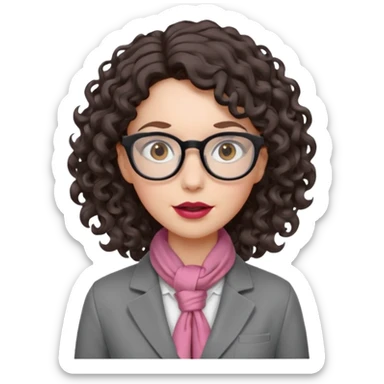 A crazy female scientist, with curly-wavy dark brown hair, brown eyes and light grey glasses and pale skin and pinkish lips, dressed to look like an english teacher but in neutral tones like grey black white, maybe with the pop of dark red sticker