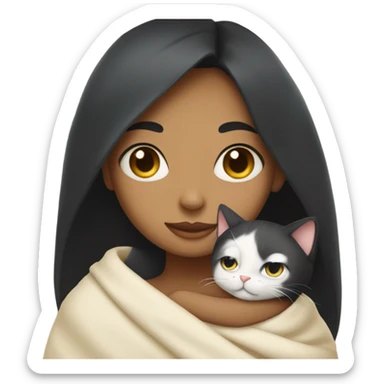 girl with black hair without bangs and light skin hugging calico cat wrapped in a blanket sticker