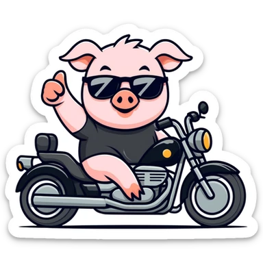 Pig wearing black t-shirt and sunglasses riding a black motorcycle giving a thumbs-up sticker