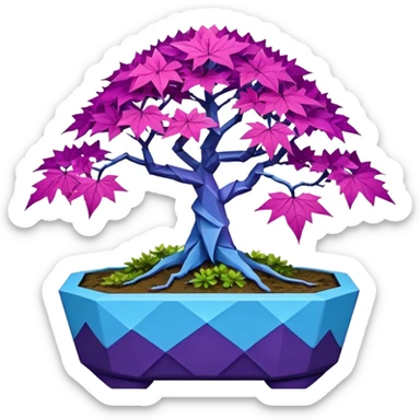 Futuristic alien maples Bonsai hair-fine-leaf group crimson crystal azalea purple and cream blue forest planting in shallow origami style pot  sticker
