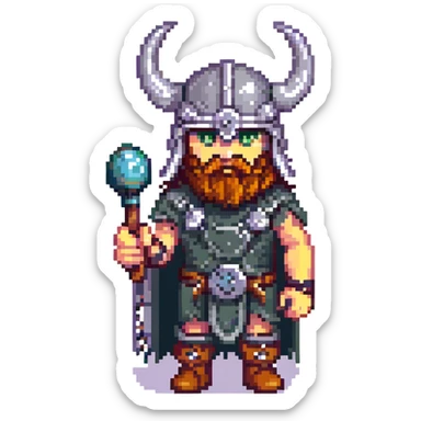 viking gamer, pixel art style, horned helmet, holding a joystick, retro vibe sticker
