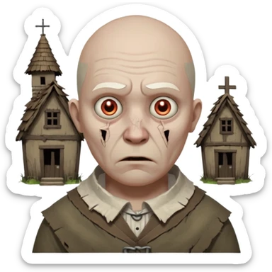 cursed village villager portrait, head and shoulders only, pale skin, torn rustic clothes collar, haunted eyes, eerie atmosphere, 3D cartoon, mobile game icon style, clean background, no text, no watermark

 sticker