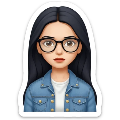generate a pretty bratz emoji 
Make her wear a white dress with a denim jacket over it.long  black hair in a side part 

She should look exactly  like Deepika padukone! wearing tiny rectangular spectacle, looking sad sticker
