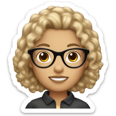 A White girl with curly black hair and glasses holding a brown Yorkie  sticker