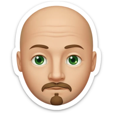 white caucasian bald man's face, with brown  round goatee and dark green eyes, oval face, rounded, big, little eyes a small smile sticker