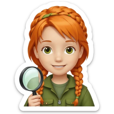 braid orange haired girl kid in moss green explorer outfit, holding magnifying glass, smile sticker