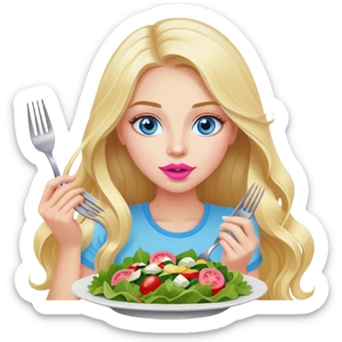 A cinematically realistic blonde with long hair, blue eyes and pink lips eats a salad with a fork sticker