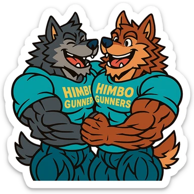 two hyper-muscular wolf furry characters in 'Himbo gunners' t-shirts, hugging, big smiles, playful and affectionate, oversized and detailed muscles, intricate fur, ultra high quality sticker